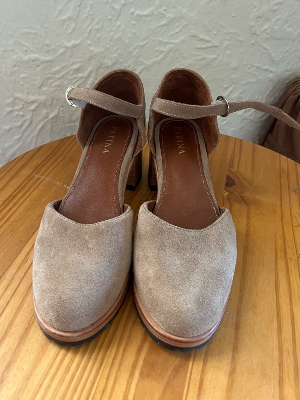 Portland Leather Taupe Suede Ankle-Strap Block Heels